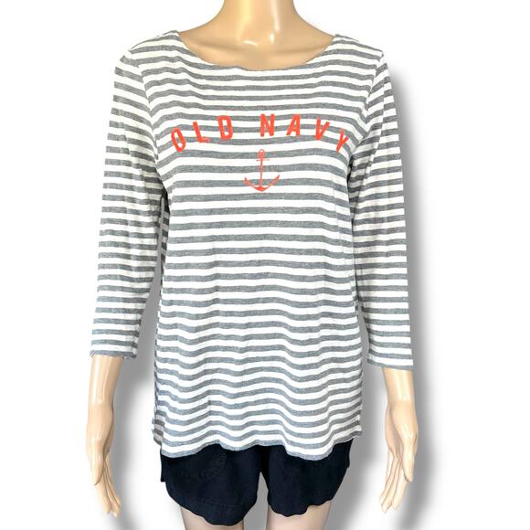 Old Navy Womens T Shirt Top Striped Anchor Nautical Coastal Pullover Medium - Picture 1 of 8